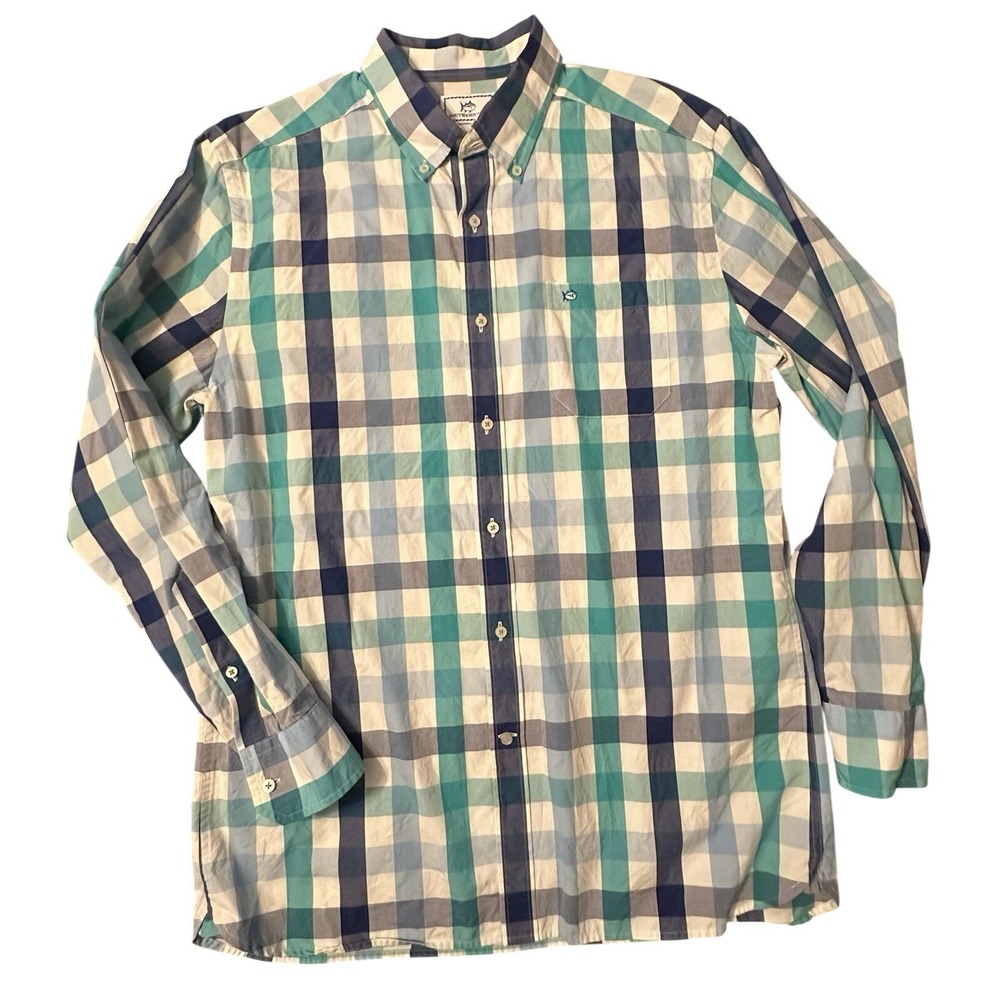 Southern Tide Trim Fit Plaid Button Down Shirt Mens L Blue Teal Cotton Preppy